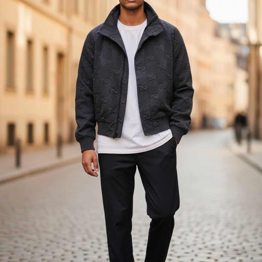 Gucci Black Embossed GG Bomber Jacket with Zip
